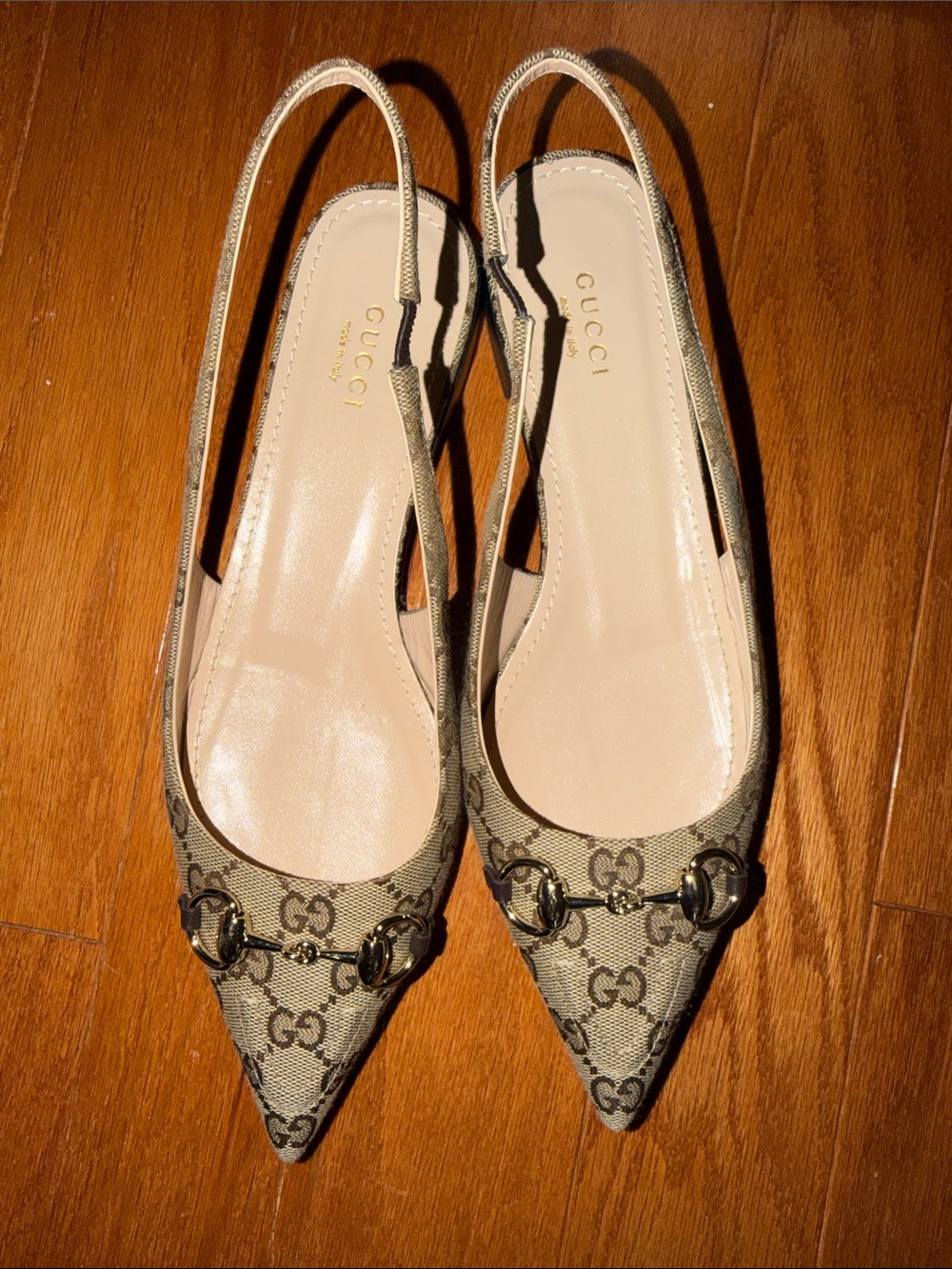 Gucci Beige/Brown GG Canvas Pointed Slingback Flats with Horsebit